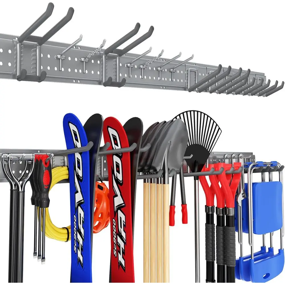 

64-Inch Wall-Mounted Garage Tool Organizer with 13 Adjustable Hooks for Heavy-Duty Storage