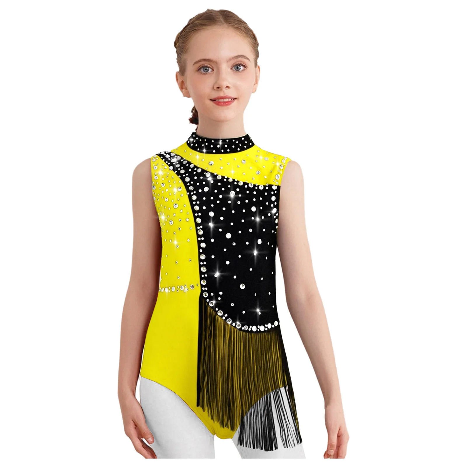 Kids Girls Gymnastics Leotard Mock Neck Sleeveless Shiny Rhinestones Tassels Ballet Dance Bodysuit for Dance Figure Skating Show