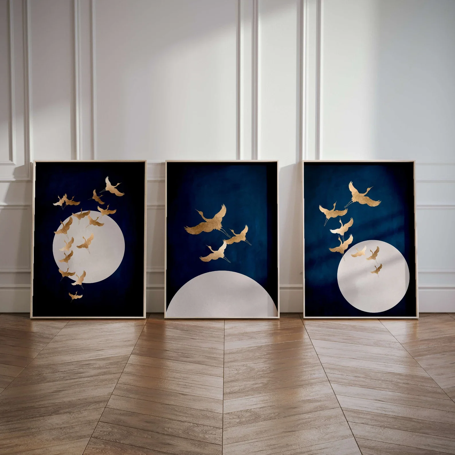 3PCS frameless decorative art print,3PCS Blue Cranes & Moon Poster  Gold Wall Art  Japanese Wall Art  Navy Dark Blue Flying B