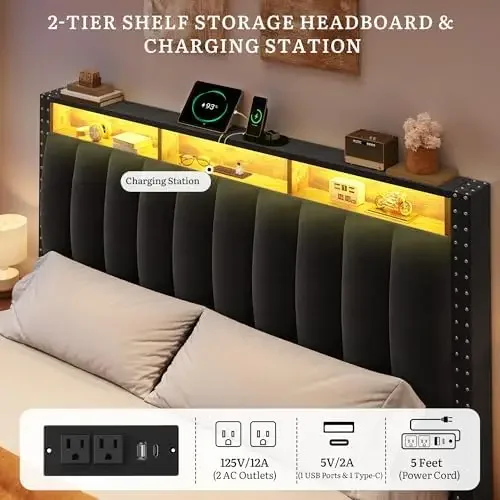 Queen Size Bed Frame with 4 Storage Drawers and RGB LED Lights, Velvet Upholstered Platform Bed with Charging Station - view 3