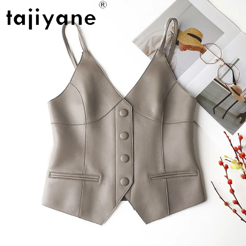 TAJIYANE Genuine Sheepskin Leather Blazer Vest Woman V-neck Sleeveless Waistcoat Women's Tanks Top Fashion Cropped Feminino 2026