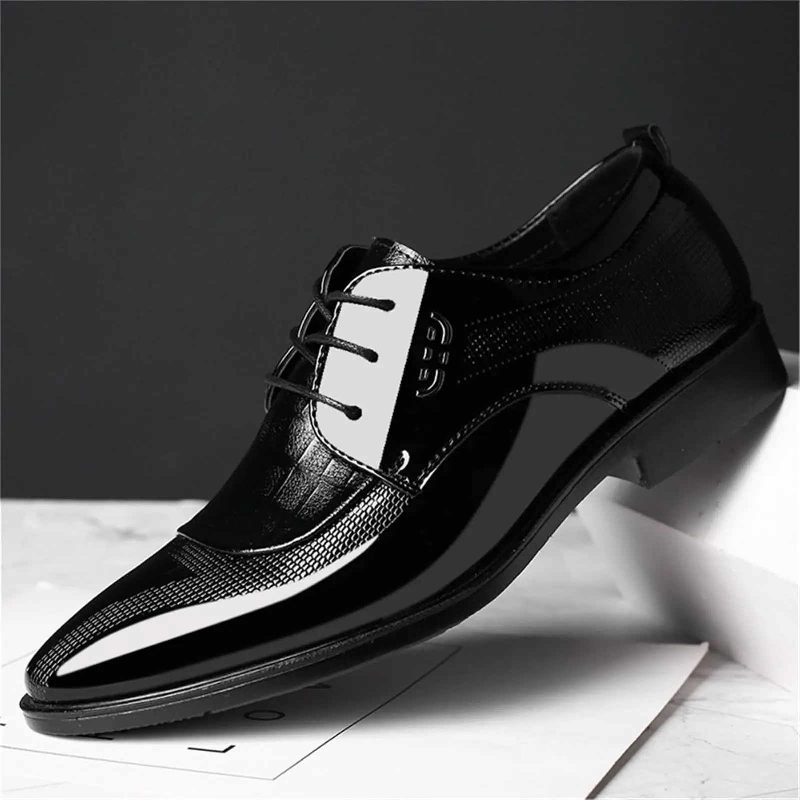Mens Dress Shoes Formal Business Oxford Block Patent Leather Lace-up Comfortable Pointed Shoes For Men - Image 6