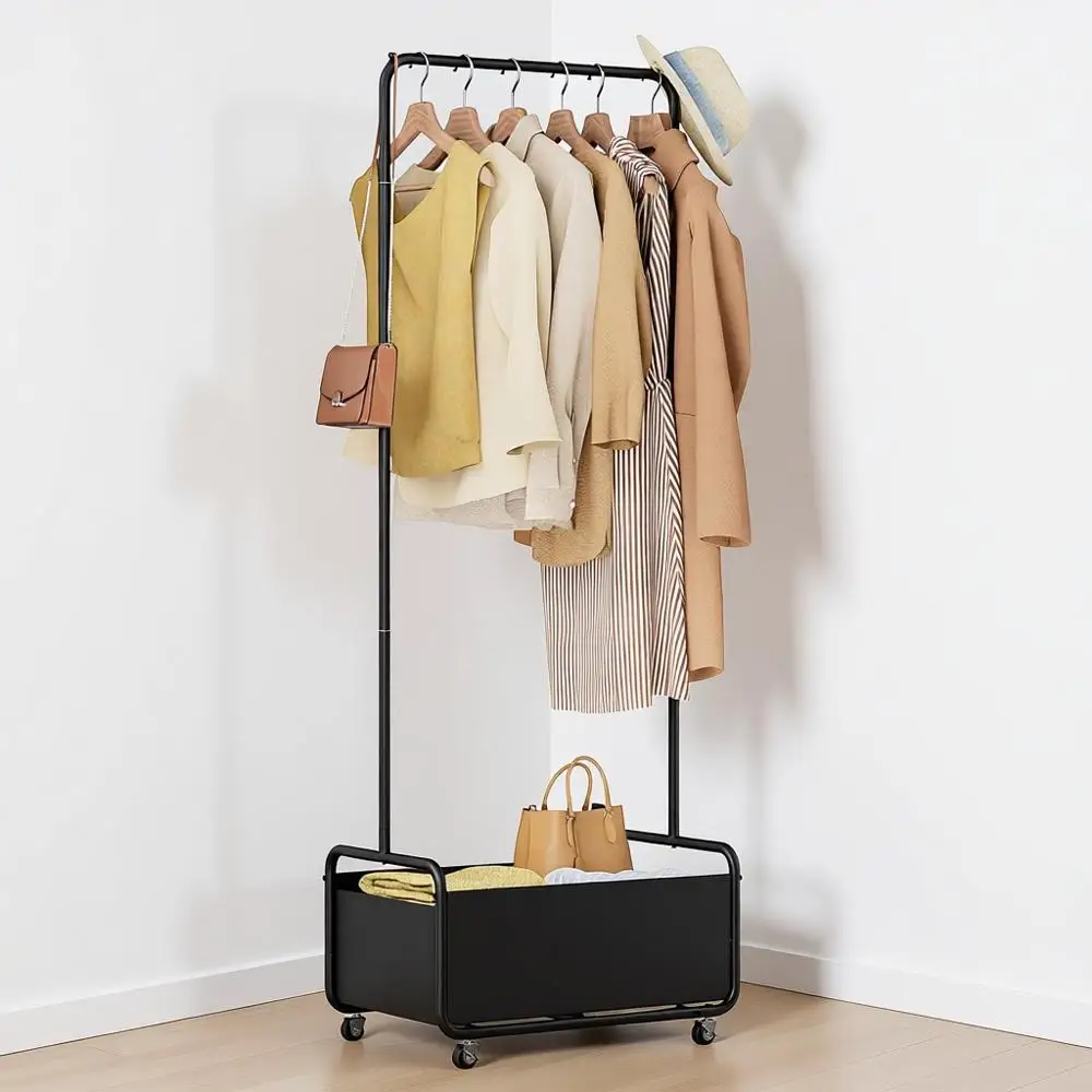 

Small Clothes Rack with Wheels, Heavy Duty Metal Garment Rack, 2-in-1 with Basket, Clothes Racks or Hanging Clothes, 15.7 x 23.6