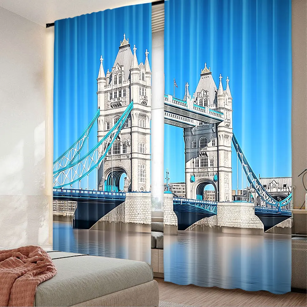 2Pcs London Landmarks Curtain Tower Bridge Thames For Women Men Living Room Dorm Apartment Bedroom Aesthetic A