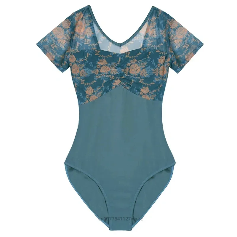 dance-yoga-clothes-summer-women's-short-sleeved-anti-glare-printed-backless-dance-clothes-floral-high-bounce-practice-clothes