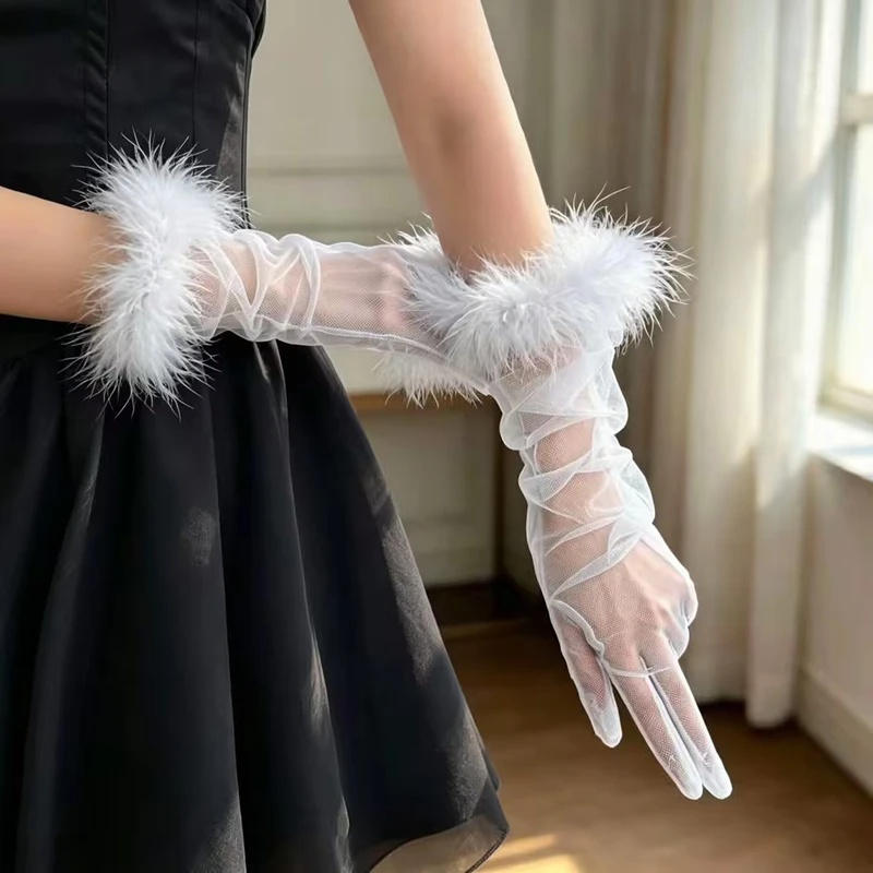 Elegant Women Feather Cuff Long Tulle Gloves Sheer Mesh Evening Opera Gloves Bridal Party Dress Costume Accessories