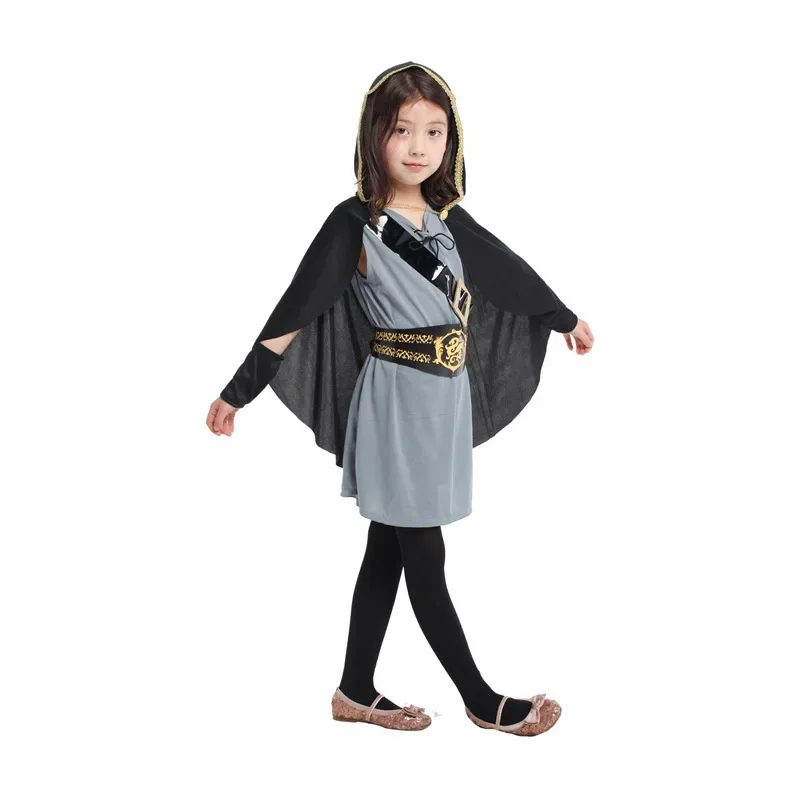 Kids Hooded Archer Huntress Costume for Girls Medieval Warrior Knight Clothes Halloween Dress Purim Carnival Party Suits