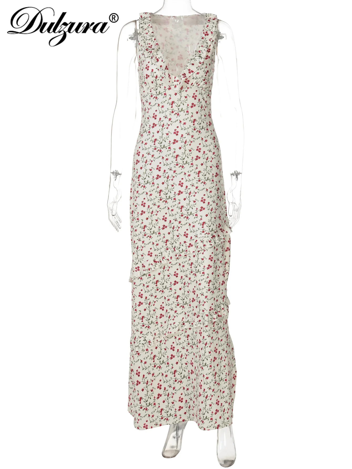 Dulzura المرأة الخامس الرقبة بلا أكمام Bodycon الجانب الشق الأزهار طباعة فستان ماكسي مثير أنيق فستان كاجوال نادي الحفلات الشارع الملابس