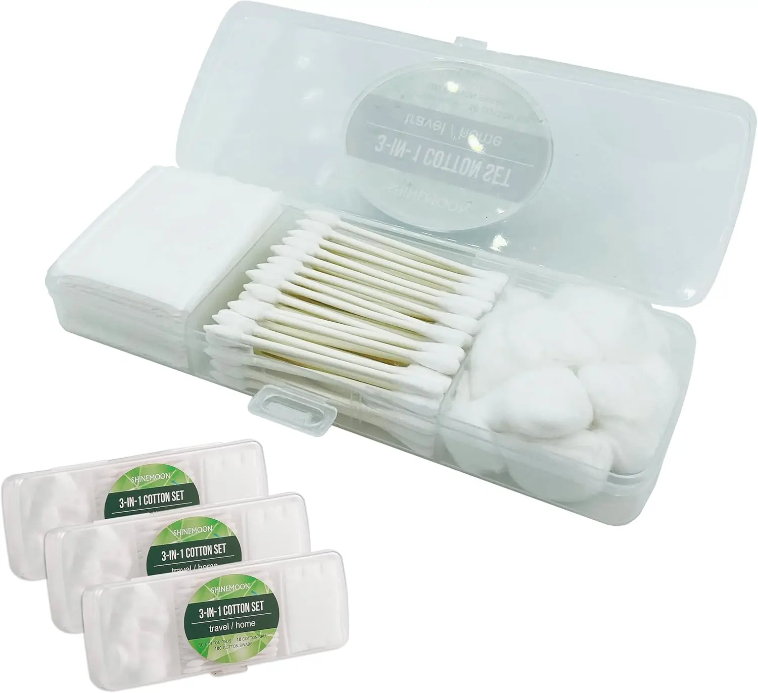 

Travel Cotton Swabs Set 100 Pcs with Cotton Pads & Balls in Reusable Storage Box for Makeup Removal & Nail Polish Remover 3 Pack