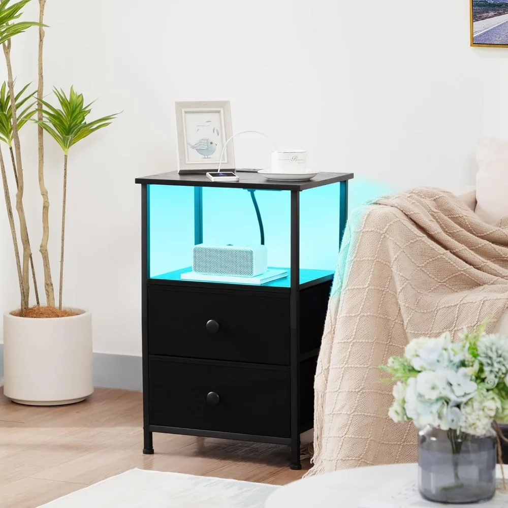 طقم منضدة LED مكون من قطعتين مع قاعدة شحن وتخزين، وطاولة بجانب السرير حديثة للمساحات الصغيرة باللون الأسود