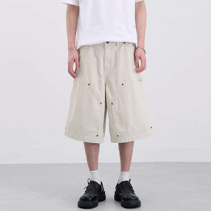 

Workwear Men's Carpenter Shorts Rivet Detail Multi Pocket Loose Wide Leg Casual Streetwear Knee Length Pants Summer