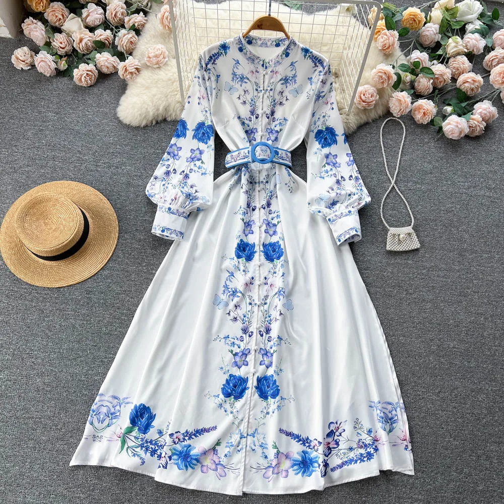 Elegant Women Dresses 2023 Tie Belt Fashion Vintage Floral Print Long Dress Front Button Up Stand Neck Long Sleeve Party Dress