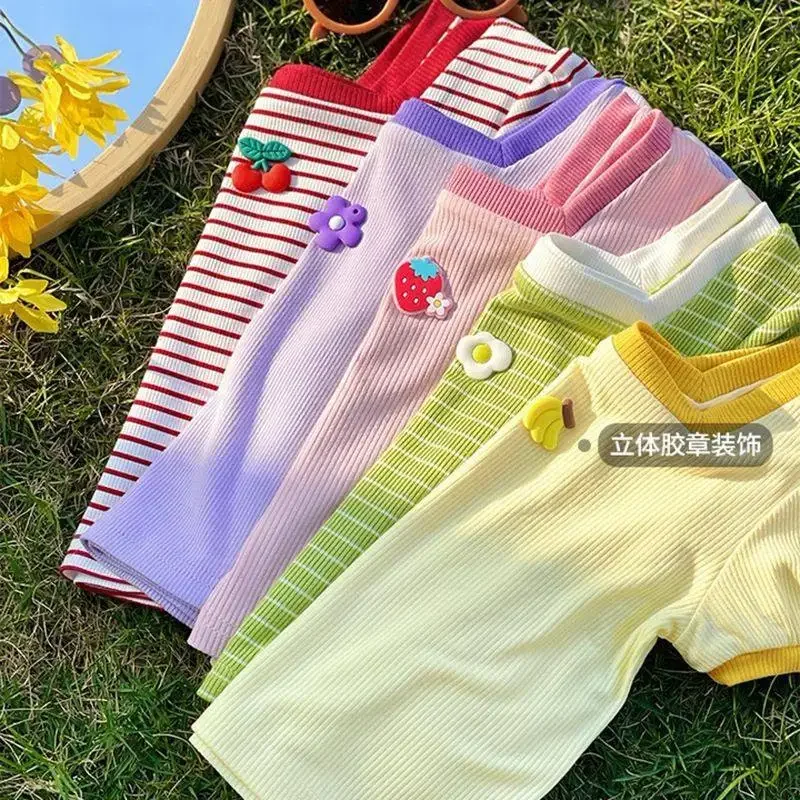 

Baby Girls Short Sleeved T-shirt Kids Top Tees Summer Toddler Striped Print Shirts 1 To 6Yrs Children's Clothing Korean Style