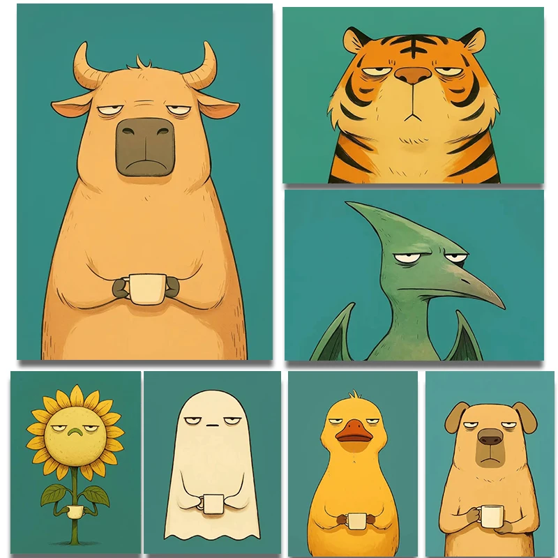 Grumpy Sunflower Animals Cartoo Posters Dog Coffee Ghost Modern Prints Canvas Painting Wall Art Pictures Home Living Room Decor