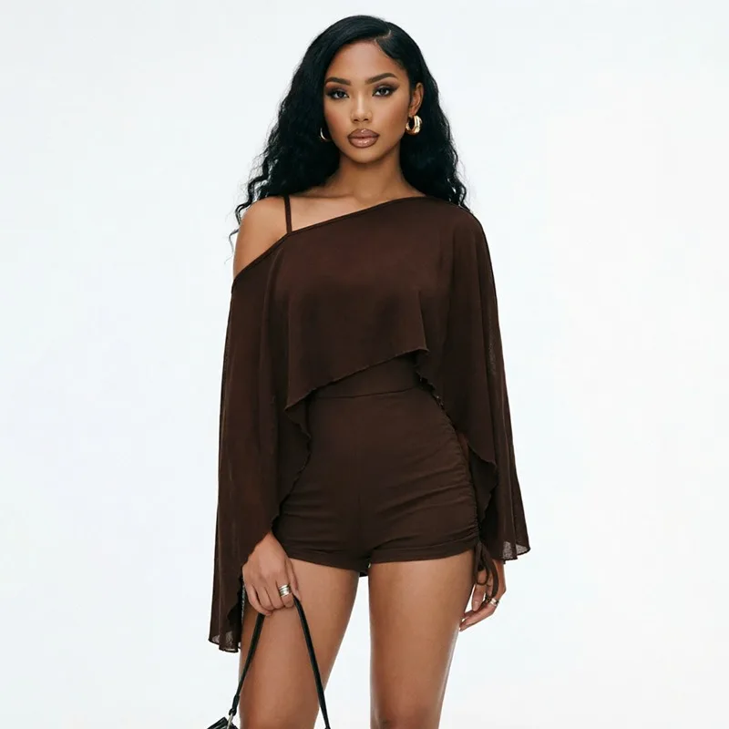 Off Shoulder Strap Short Jumpsuit, Solid Color Asymmetrical Collar Cape Sleeve for Women, Autumn Mini Romper