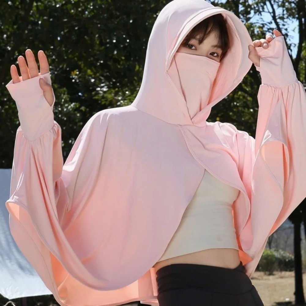 Solid Color 3 in 1 Sunscreen Hoodie Thin Long Sleeve Sun Protection Clothing Waterproof Loose Fit Summer Ice Silk Cape Running