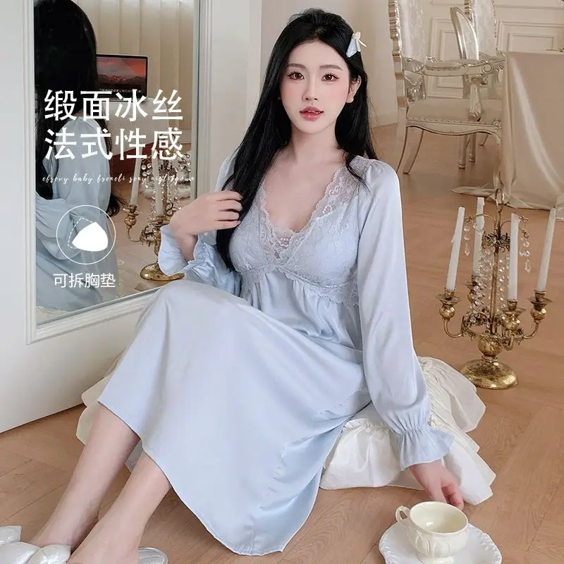 

2025 Autumn Long Sleeve Sexy Lace V-neck Lingerie Silk Satin Nightgowns For Women Korean Sleepwear Night Dress Nightdress Nighty