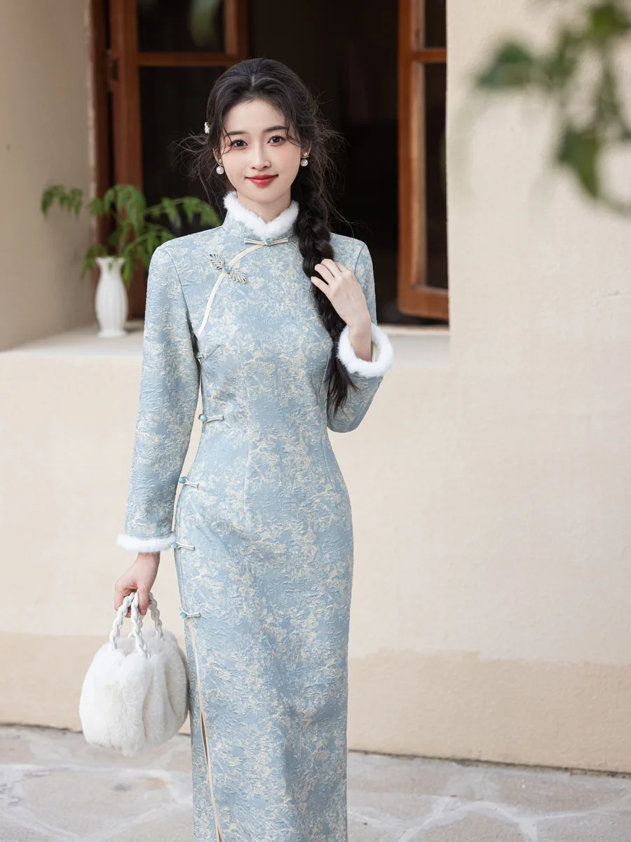 New Chinese Style Improved Daily Cheongsam, With Added Velvet And Thickened Temperament Dress, Women\'s Winter Long Sleeved