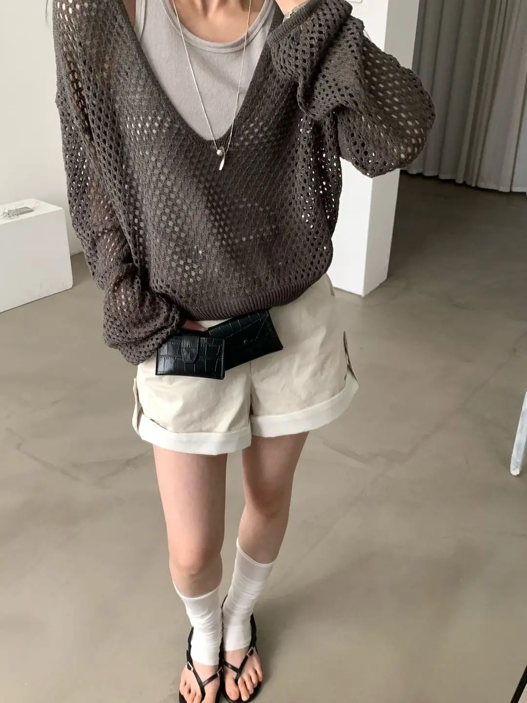 

Summer Strap Vest Loose Women's Fashion Set V-neck Sun Protection Hollow out Cover up Two-piece Set High Waist Shorts