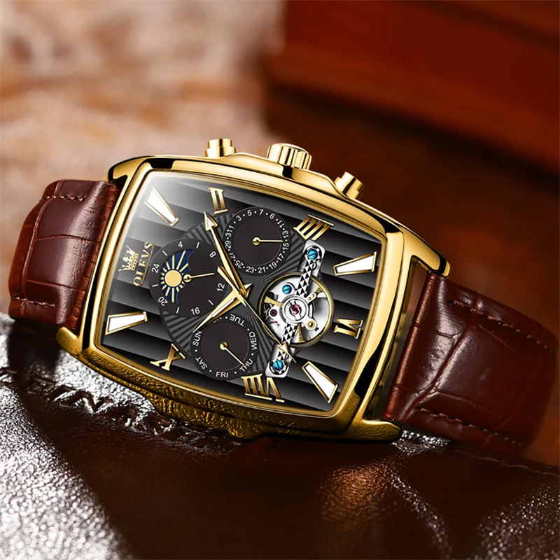 OLEVS Top Brand Luxury Watch For Men Vintage Tonneau Case Automatic Mechanical Watches Moon Phase Tourbillon Mens Wristwatch