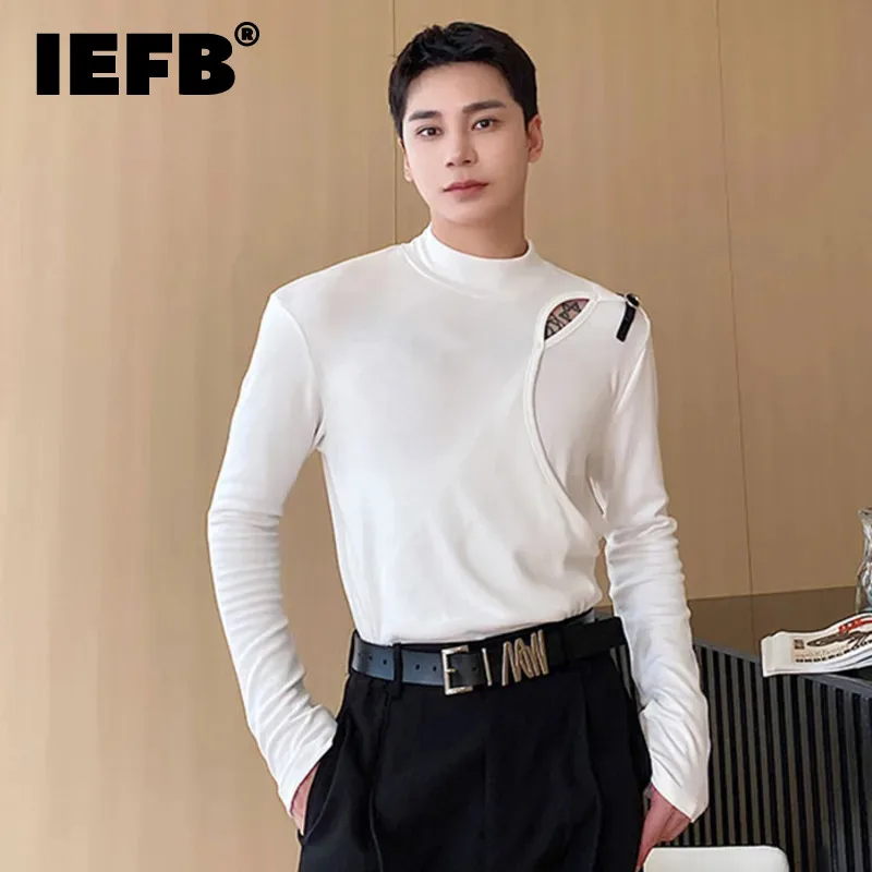 

IEFB New Fashion Men's T-shirts Leather Loop Spliced Hollow Out Top Long Sleeve Half High Collar Male Tees Fashion 9C1736