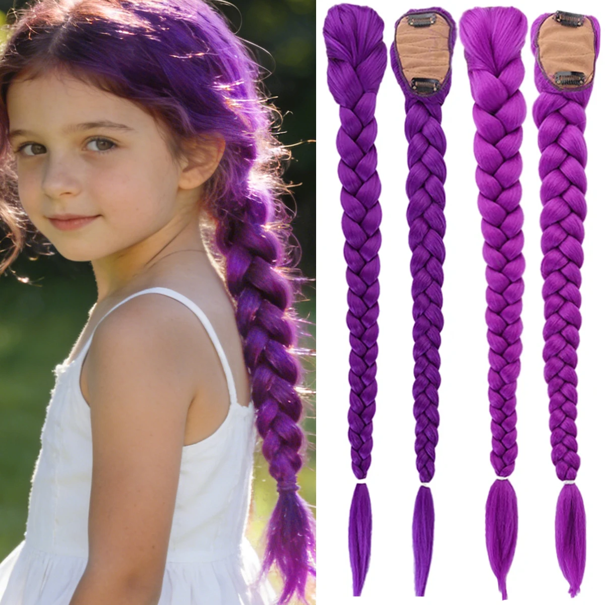 Cola de Caballo de pelo morado trenzado sintético, disfraz para niños, cola de caballo larga de 26 pulgadas con Clips para niñas, Halloween y Navidad