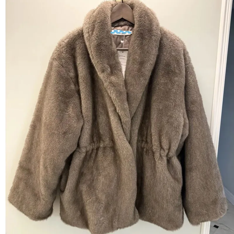 Autumn Winter Thick High-quality Faux Fur Formal Pullover Coat Waist-slimming Lantern Sleeve Faux Fur Jacket Warm Fluffy Women