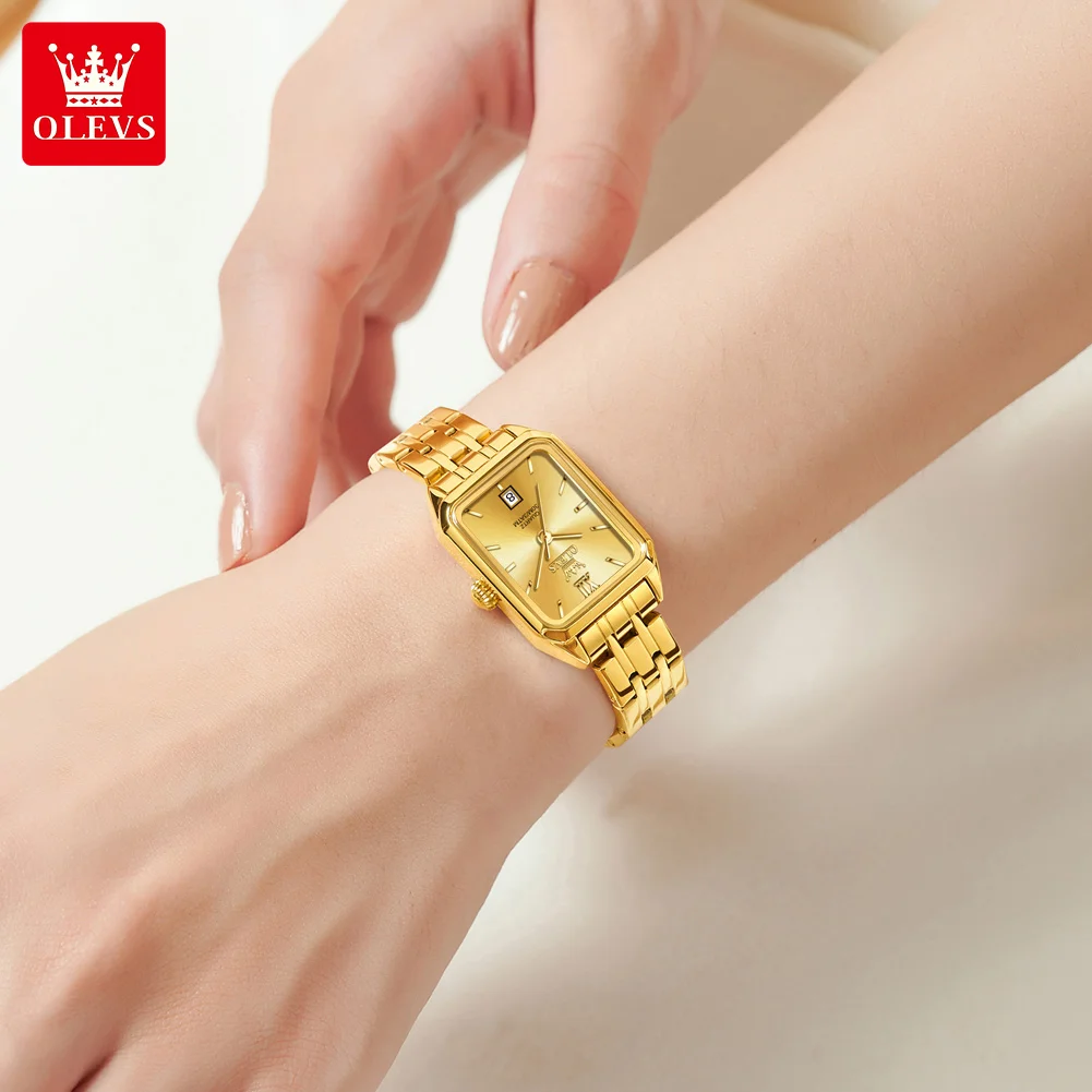 OLEVS Luxury Women\'s Watches Retro Square Original Quartz Watch for Girl Waterproof Gold Stainless Steel Strap Luminous Date