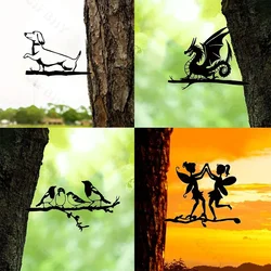 New Metal Birds/Dogs/Dragons/Fairies on a Branch,Steel Silhouette Metal Bird Tree Art Garden Backyard Patio Outdoor Decor