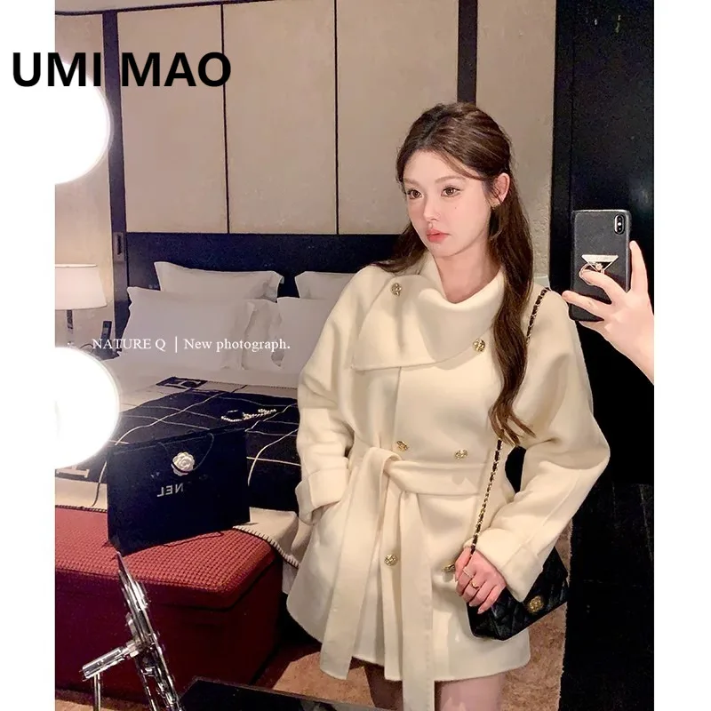 UMI MAO Korean Women's Coat Multi-color Wool Woolen Coat Women Winter Gold Buckle Thin Belt Double-sided Woolen Coat Femme