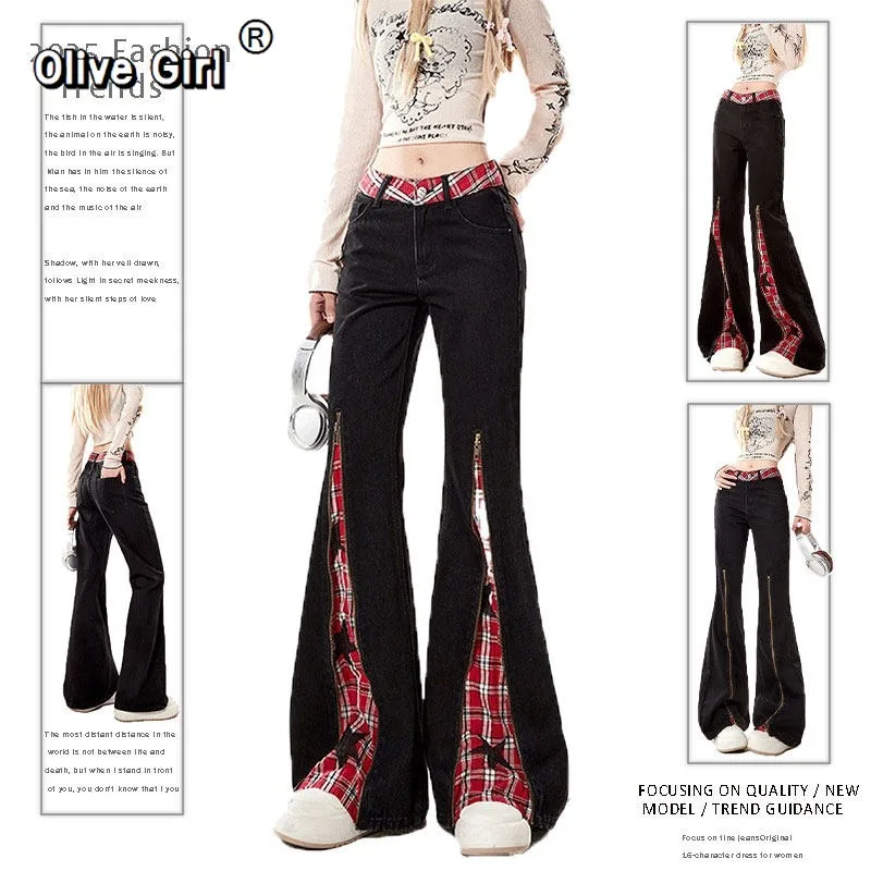 

Olivegirl Women Flared Jeans High Waist Slim Vintage Patchwork Straight Leg Denim Pants Oversize Y2k 2000s Trashy Trousers