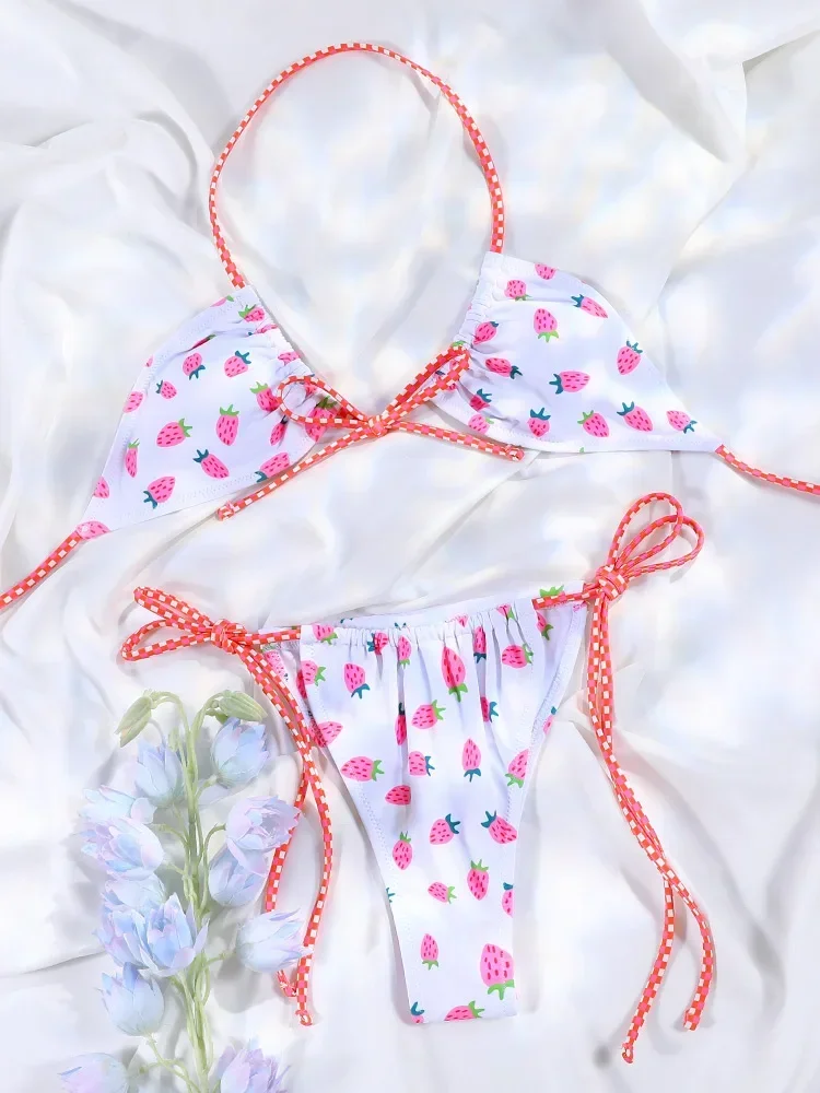 플로럴 비키니 핑크 수영복 리본 수영복 여성 로우 웨이스트 수영복 2025 여름 비키니 붕대 비치웨어 섹시