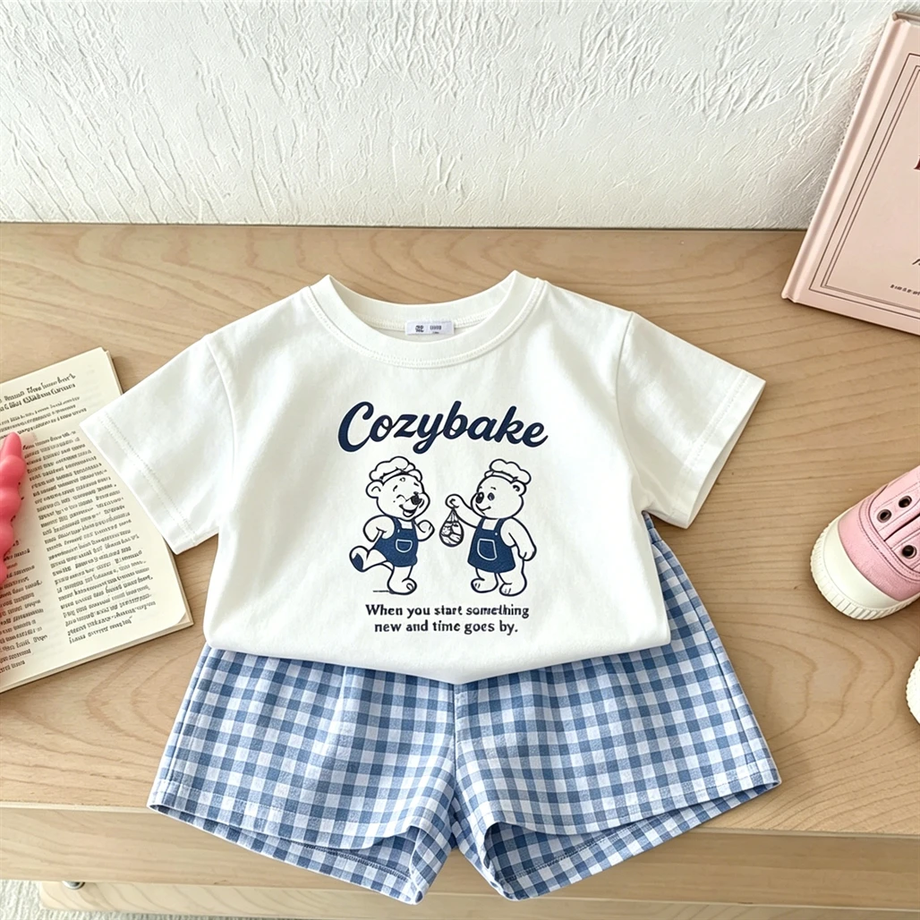 Cartoon T Shirt Plaid Shorts 2Piece Set Summer Clothing Short Sleeve Shorts Cute Printed Tees All-match Shorts Kids Costume