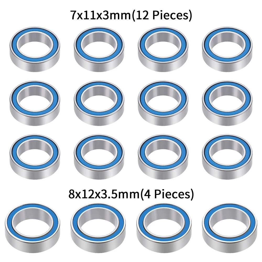 TRINOOD 16 Pcs Sealed Ball Bearings Kit 7x11x3mm 8x12x3.5mm For 1/18 Granite Grom Mega RC Crawler Car Wheel Upgrade Part