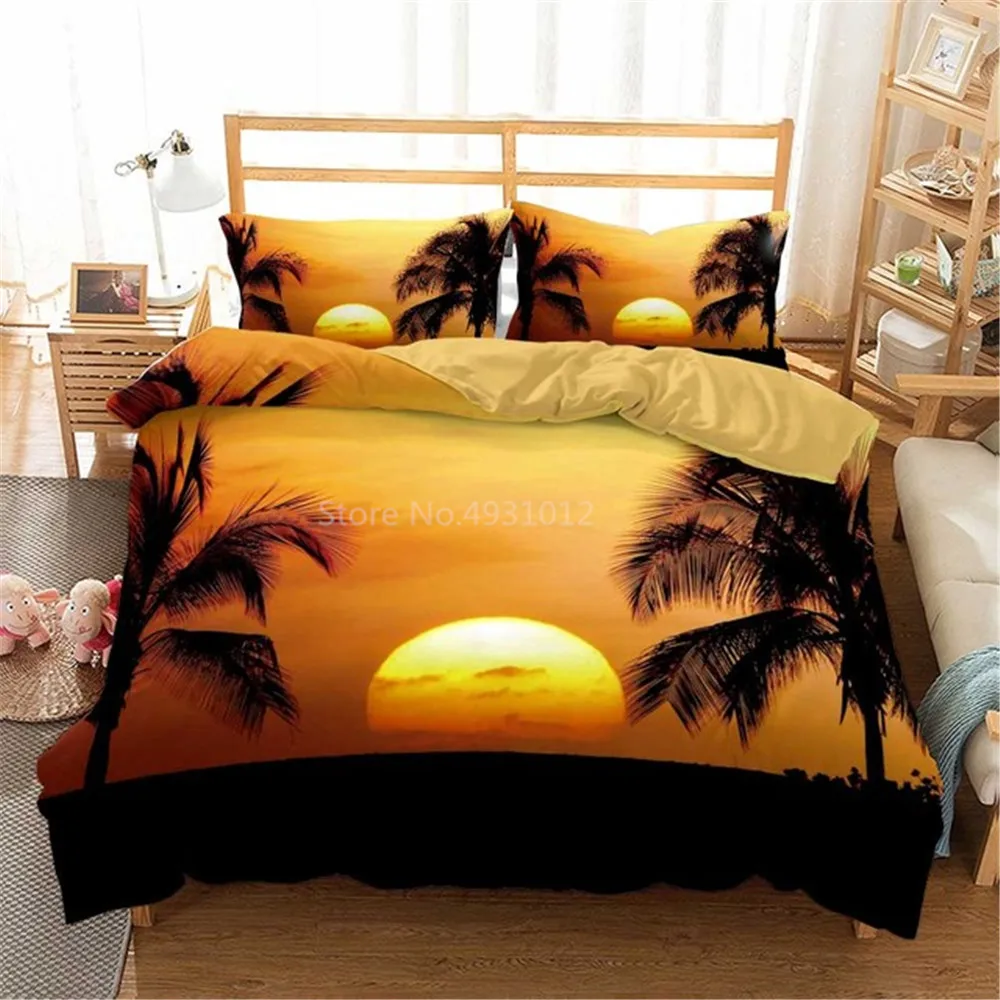 Natural Landscape Bed Linen Set 3D Sunset Beach Print Single Pair Romantic Duvet Cover Sea Beach Bedding Set