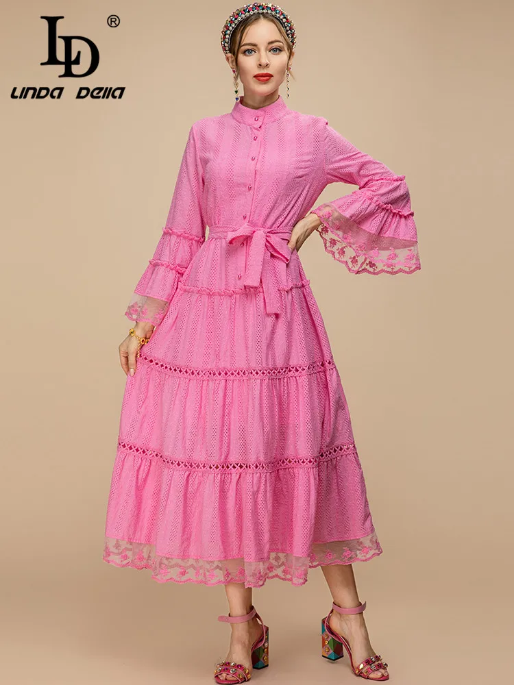 LD LINDA DELLA New 2023 Fashion Runway Spring Dress Women stand collar Flare Sleeve Belted Hollow out Pink Party Midi Dresses