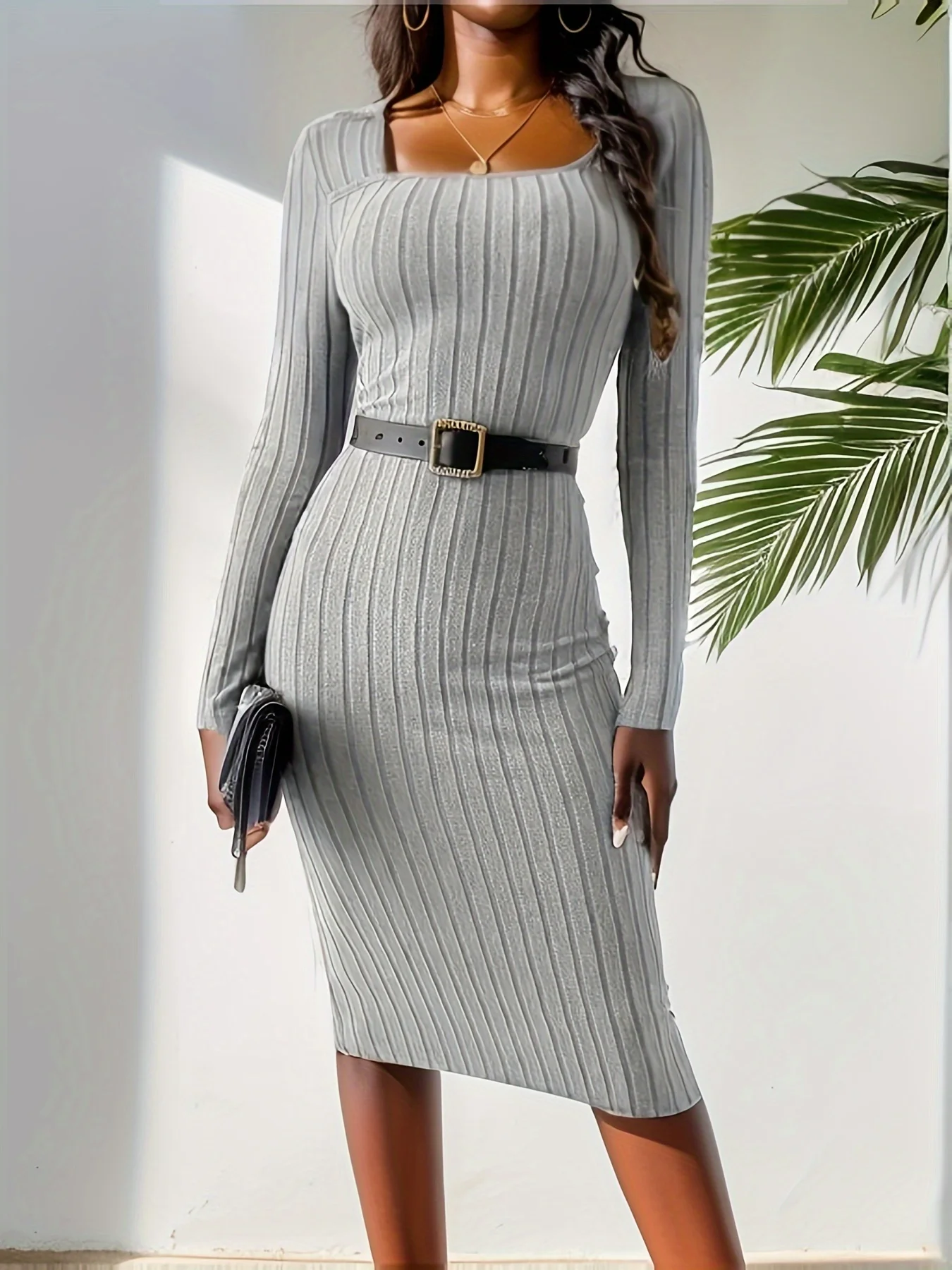 Ribbed Squared Neck Dress Elegant Long Sleeve Bodycon Dress Women\'s Clothing