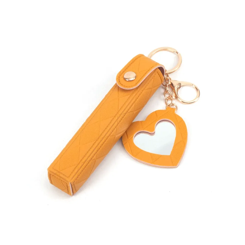 Portable Mini Lipstick Bag Keychain Keychain Design with Heart-shaped Mirror Lipsticks Protective Cover PU Leather Lip Balm Bag