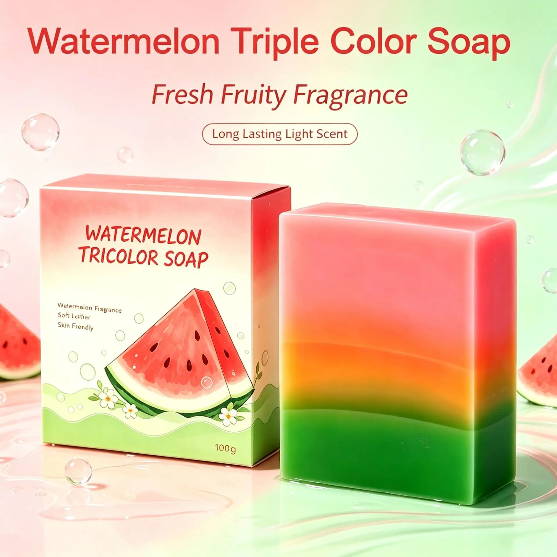 Watermelon Tri-Color Soap 100g x 2, Handmade Essential Oil Bars for Bathing & Gentle Face Cleansing, Moisturizing Formula