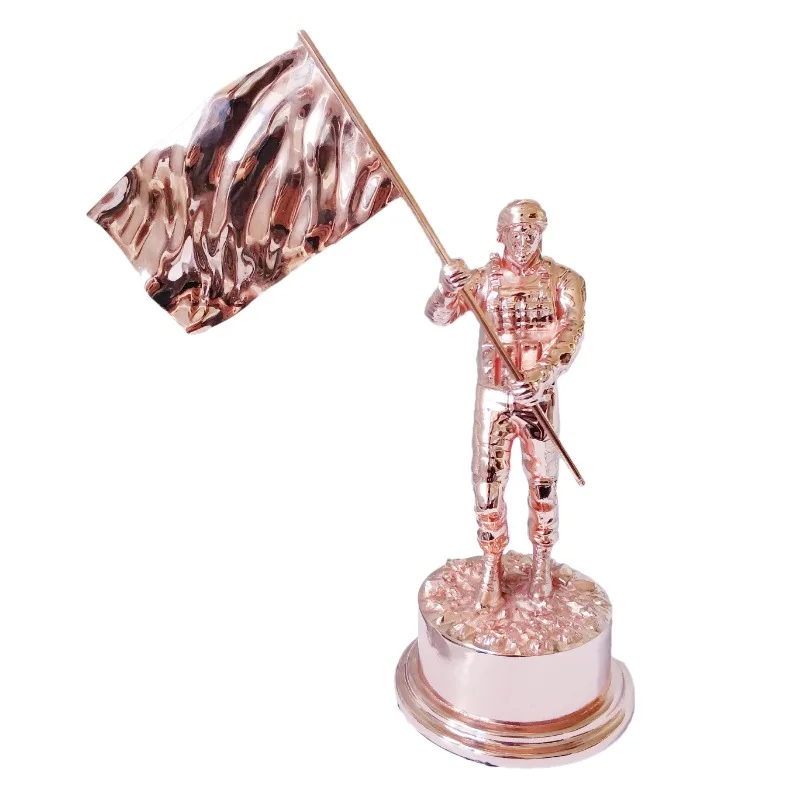 Pink Gold Man Hold Flag Sculpture Statue Figurine Metal Crafts for Table Desk Home Decor