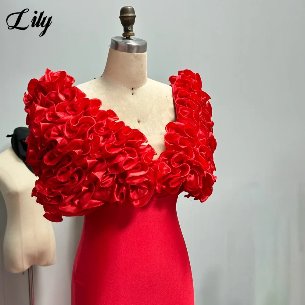 Lily Red Mermaid Chic Woman Evening Dress Stain 3D-Flowers Formal Gown Ruched Deep V-Neck Night Dresses robe de bal Customized image 6