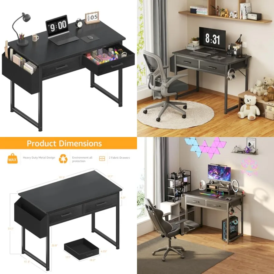 

Small Desk with Fabric Drawers for Bedroom, 32 Inch Gaming Desk with 2 Drawers for Small Space, Study Writing Table PC Desks