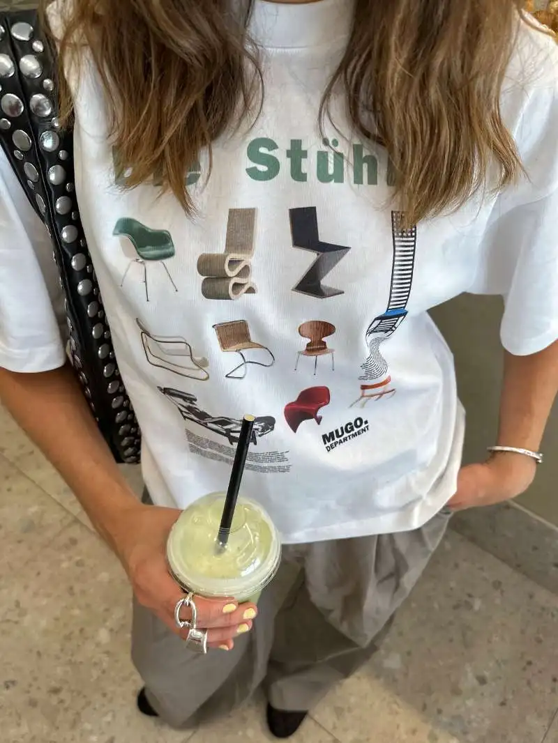 Retro American Vintage Summer Fun Personality Chair Print Spicy Girl Loose Pure Cotton Short Sleeve T-Shirt for Women