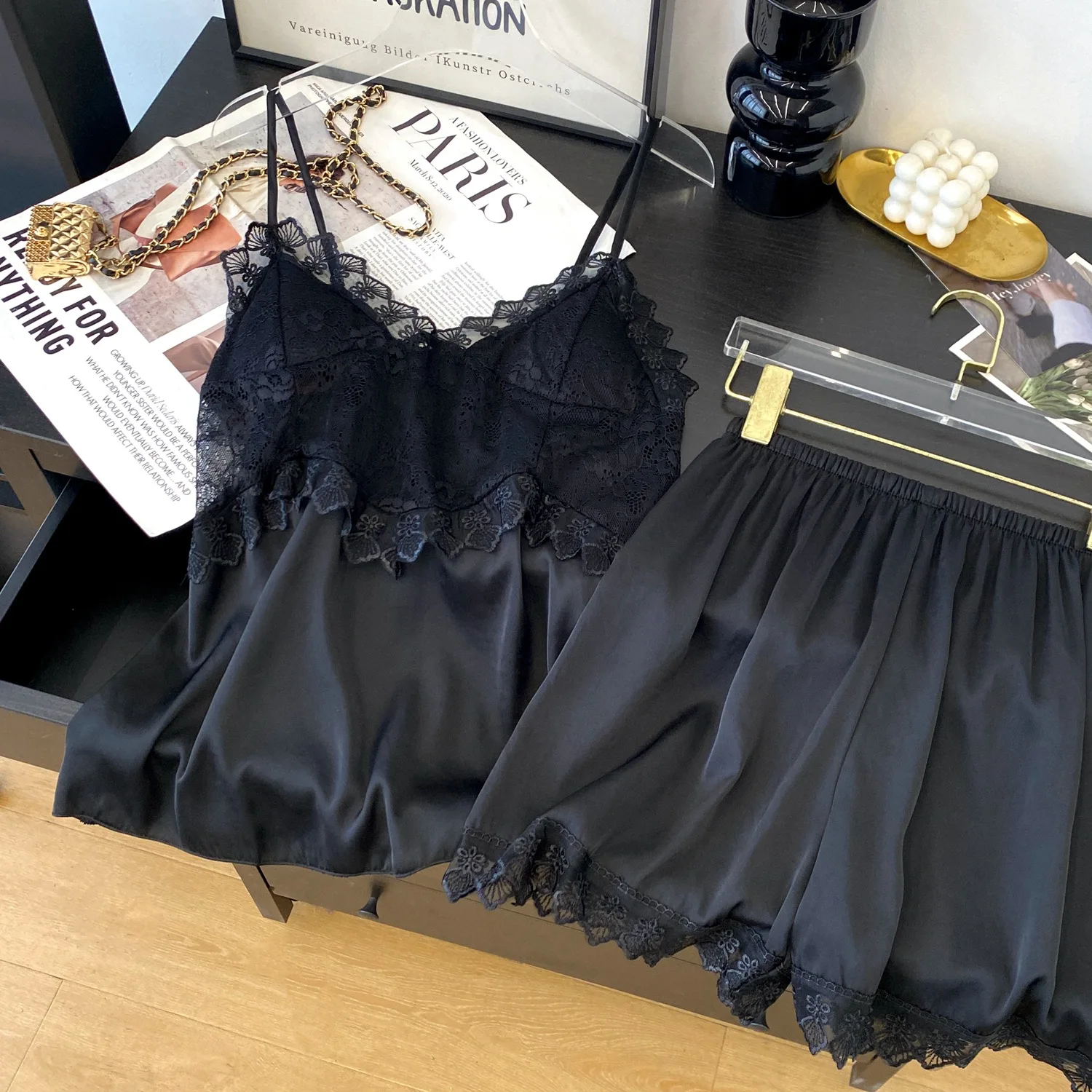 

Summer Lace Pajamas Set Women Sleepwear Nightwear Lingerie Sexy Strap Top&shorts Sleep Suit Silky Satin Pijamas Home Colthes