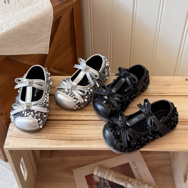 Girls Sequins Mary Jane Shoes Soft Sole Children Flats Princess Shoes Little Kids Leather Shoes for Party Wedding Non‑slip