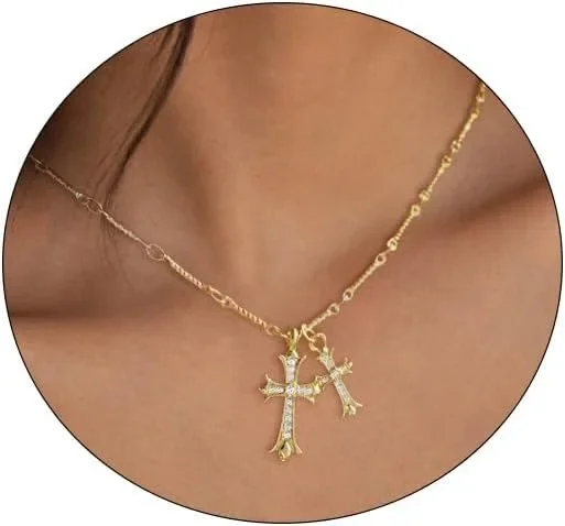 Cross Necklace K Gold/Silver Plated Double Cross Pendant Necklace Diamond Cross Link Chain Jewelry Religious Gifts for Women