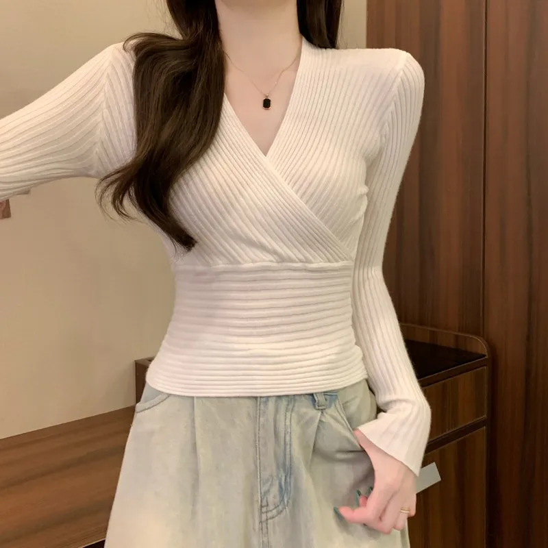 Ribbed Knit Wrap Top Long Sleeve V-neck Slim Fit Crop Top Cinched waist Sweater Pullovers for Women Autumn Winter Coquette Y2K