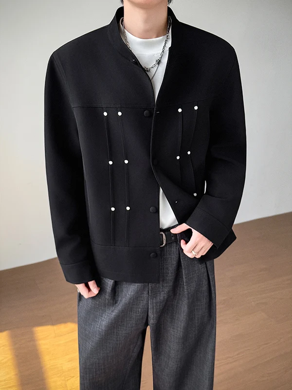 

New Chinese Sle Stand Collar Jaet Men's Rivet Pleated Design High-End Feeling Haome Casual Loose Top