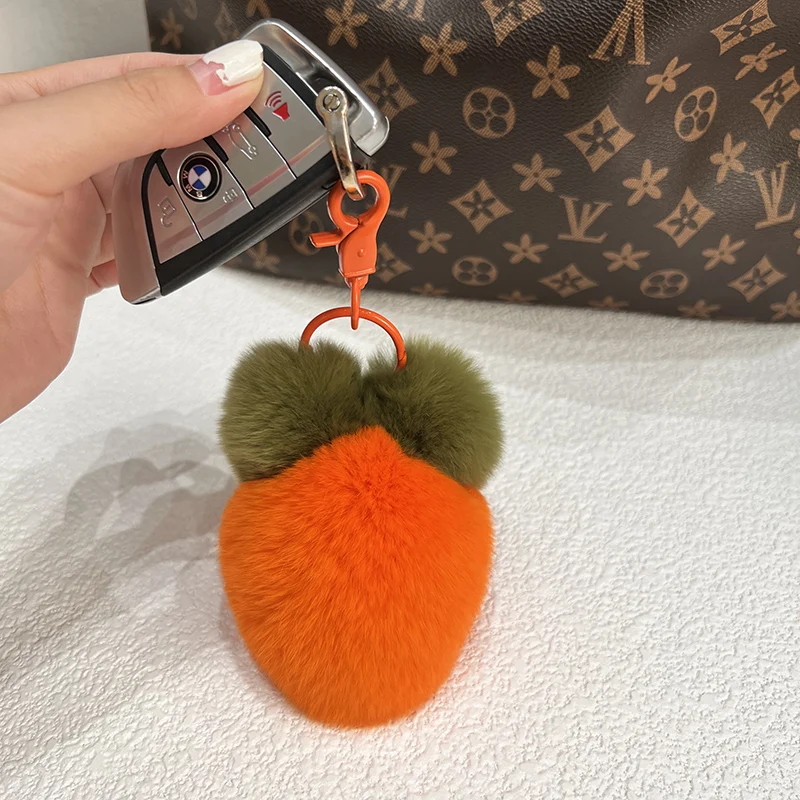 New Real Rabbit Fur Pompom carrot Doll Keychain Pendant Handmade Bag Pendant Car Toy Adorable Plush Bag Accessories