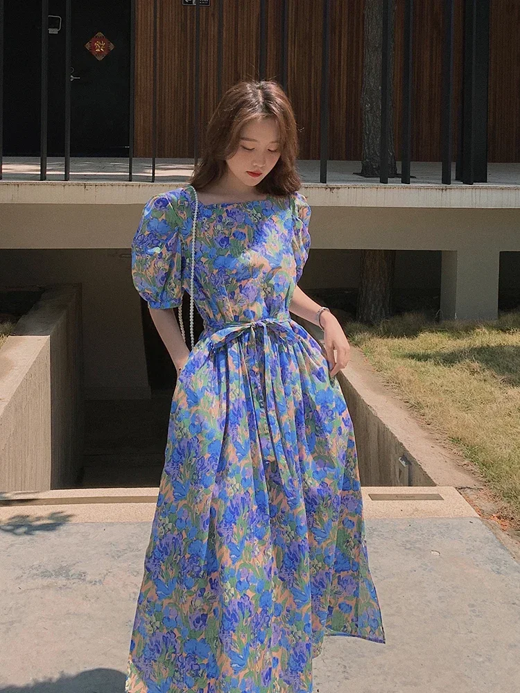 Floral Print Dresses Women Square Collar Outerwear French Style Retro High Waist New Summer Short Sleeve Pullover Temperament